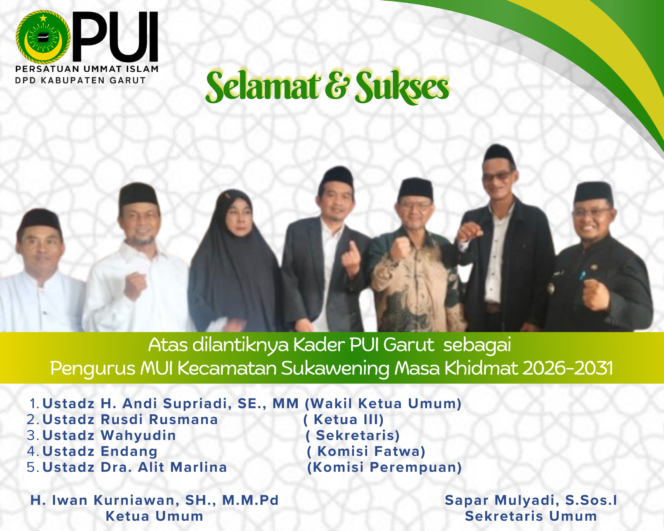 
					Perkuat Khidmat Keumatan, Pengurus Cabang PUI Sukawening Resmi Bergabung dalam Kepengurusan MUI Sukawening Masa Khidmat 2026–2031