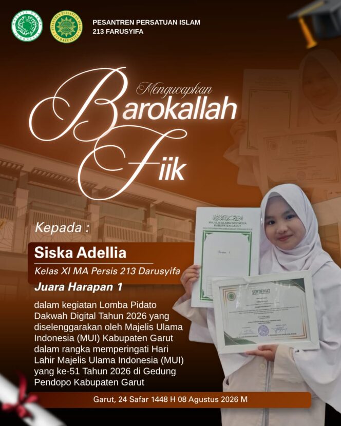 
					Siswi MA Persis 213 Darusyifa Raih Juara Harapan 1 Lomba Pidato Dakwah Digital MUI Garut
